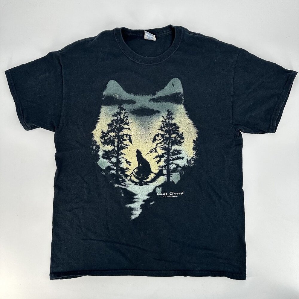 Vintage Lost Creek Outfitters T-Shirt Forest Wolf Graphic Tee Outdoors Black Lar
